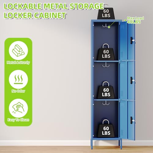 Image of Aobabo 16 inch W 3 Door Metal Storage Locker with Lock, 66 inch H Steel Locker with Name Card Holder and Metal Leg for School, Home, Office, Playroom, Assembly Required, Blue