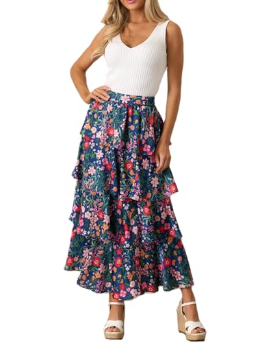 Floral Maxi Skirts for Women Summer Elastic High Waist A-Line Boho Beach Long Skirts Ruffle Flowy Skirts Streetwear