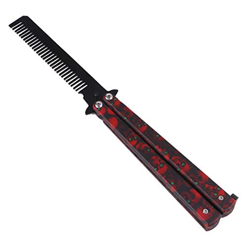 ARTIBETTER Butterfly Comb Flipping Trick Comb Training Practice Folding Comb Brush Stainless Steel Hair Comb Red