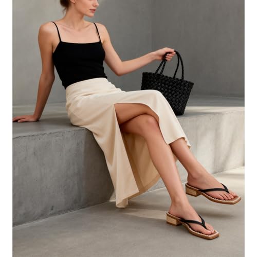 Image of DOEYG Raffia Heels Sandals Summer Beach Flip Flops Heels Square Open Toe Heeled Sandals Dressy Comfortable Slip on Thong Sandal