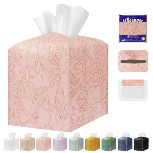 Tissue Box Holder Cover Square Tissue Cube Cover PU Leather Tissue Organizer with Bottom Belt for Bathroom Tabletop Kitchen Night Stands Office Home Car (1 RosyPink)
