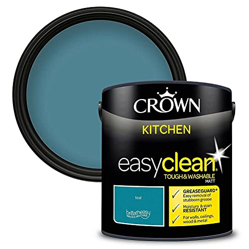 2.5L CROWN Easyclean Kitchen MATT Emulsion Multi Surface Paint With GREASEGUARD+ That can be Used on Walls, Ceilings, Wood and Metal. Stain & Scrub Resistant Formula – Teal