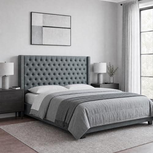 Image of Madison Park King Wingback Upholstered Tufted Headboard, Featuring High-Density Sponge Padding, Adjustable Height Headboard, Easy Assembly, Dark Grey Woven