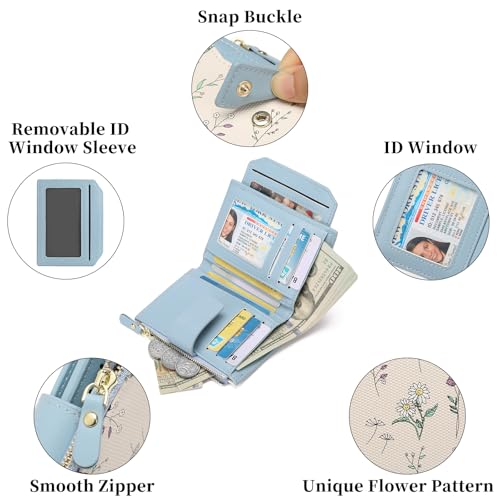 Image of GAEKEAO Small Wallets Woman RFID Blocking Vegan Leather Bifold Floral Ladies Compact Card Holder with Zipper Pocket ID Window
