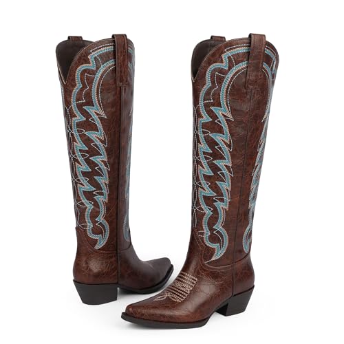 Modatope Cowgirl Boots Women Brown Pointed Toe Chunky Heel Embroidered Cowboy Knee High Boots Pull on Tab Fashion Retro Western Wide Calf Boot Size 6.5 — view 6
