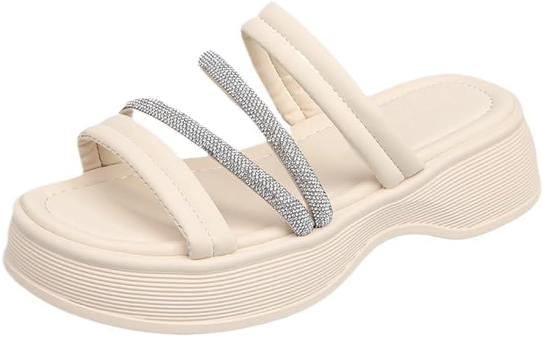 [エイチディーティーシーエスエム] 女性用厚底スリッパ、ラインストーンスポンジケーキサンダル、ビーチシューズ付きアウター