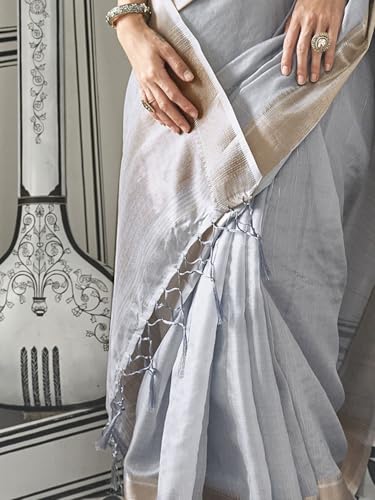 Image of MADHUHANSH Women's Cotton Linen Saree with Unstitched Blouse Piece and Solid Pattern | Mithila Painting Saree | Saree for Haldi Ceremony