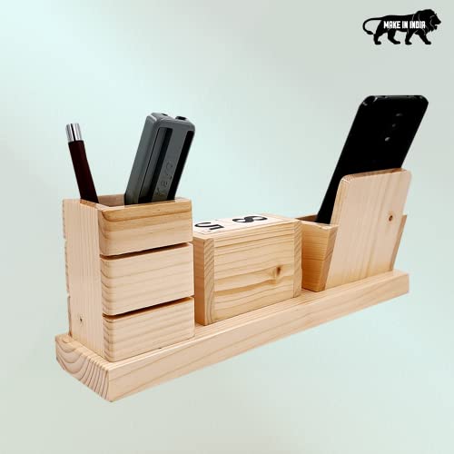 Image of WOOD HOUSE Wooden Pen Stand with Card Holder /Study Table, Pen Holder for Office Table Stylish for Office & Student Desk (Pen Stand with Calender and Mobile Holder)
