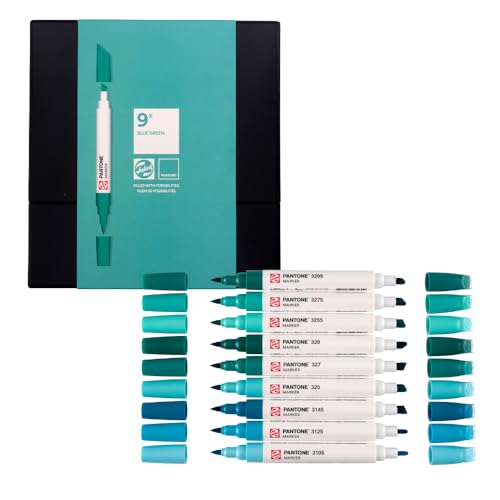 Talens | Pantone Marker Set de 9 Blue Green | Rotulador Doble Punta con Punta de Pincel y Cincel | Tinta Pigmentada a Base de Agua en Colores Pantone
