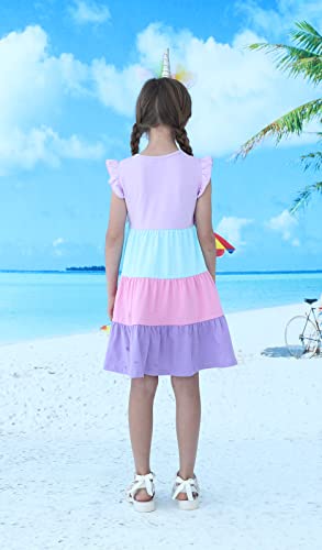 Girl Summer Swing Dress Ruffle Short Sleeve Cotton Casual Purple Color Block Tiered Twirly Playwear Sundress 6 Years #TOP2
