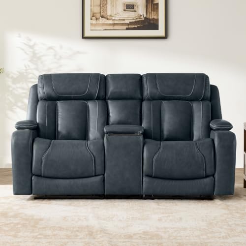 Image of Watson & Whitely Genuine Leather Reclining Sofa Loveseat with Console, Blue