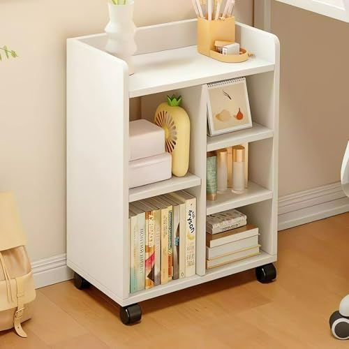 Mobile Bookcase with Wheels, White Storage Shelf Organiser, 62cm Height, 40x22cm Base, Multi-Tier Display Unit A889 (White)