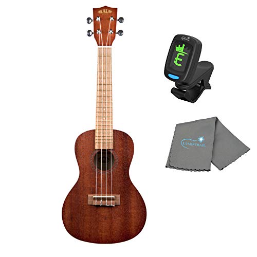 Kala Satin Mahogany Concert Ukulele KA-15C Bundle with a Tuner and Lumintrail Polishing Cloth