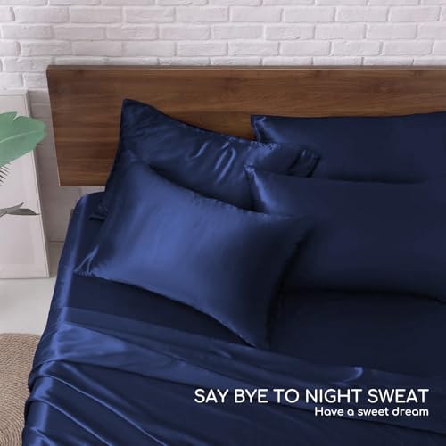 Image of MR&HM Satin Bed Sheets, King Size Sheets Set, 6 Pcs Silky Bedding Set with 15 Inches Deep Pocket for Mattress (King, Navy Blue)