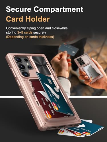 Image of Vihibii PC For Samsung Galaxy S24 Ultra Back Cover With Slide Camera Cover & Card Holder (4 Cards) & Kickstand, Hard Case For Galaxy S24 Ultra, Rose Gold