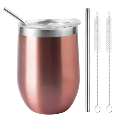 LiangYuanZen 340ml Weingläser aus Edelstahl Mit deckel Mit nem strohhalm und ner bürste hält kalt und heiß für Kaffee Bier Champagner Milk Cocktails Getränke Wein Rosagold.