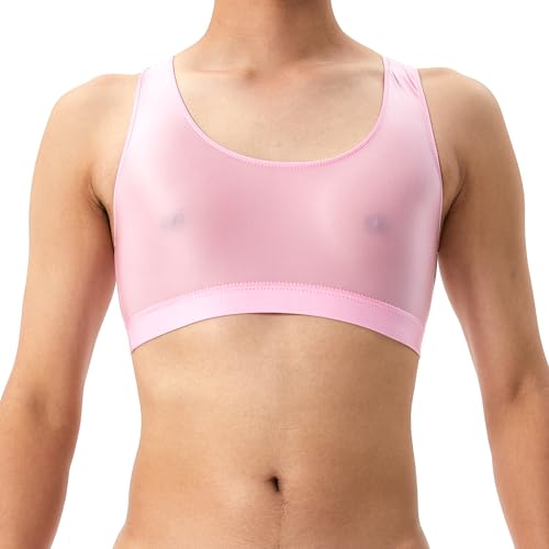 GENEMEN Mens Crop Top Glossy Sports Bras Y Back Workout Tank Top Undershirt Sleeveless Vest Silky...