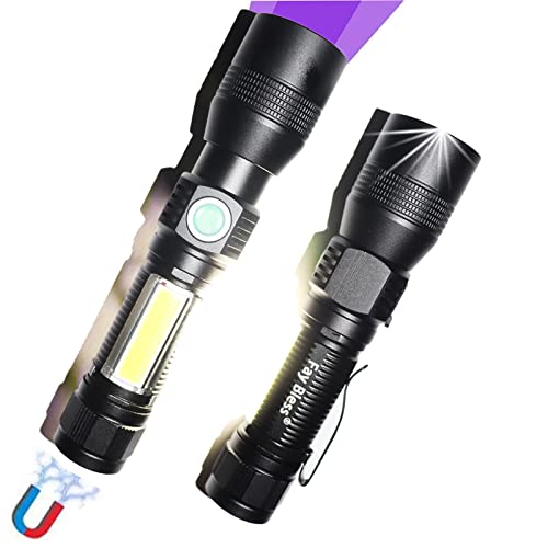 Linterna de luz negra recargable, luz LED 3 en 1, 1200 lúmenes, 7 modos de luz, zoom, linterna impermeable de tamaño de bolsillo para detección de manchas de orina de mascotas, camping (negro, 2