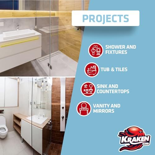 Image of Kraken Bond Premium Kitchen and Bathroom Silicone Caulk Clear - (12x10.1 fl.oz) RTV Clear Silicone Sealant Waterproof for Kitchen, Bathroom, Shower, Sink, Anti Shrink 100% Silicone Caulking | 12 Pack