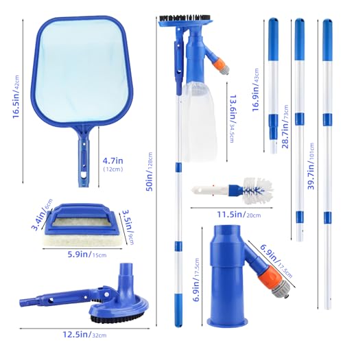 Pool Bodensauger Set, Tragbarer Jet Vacuum Head Pool Staubsauger mit Teleskopstange und Saugbürste Auffangsack, Pool Reinigungsset mit Scheuerbürste und Skimmernetz für Blätter Schmutz Sand Schlamm