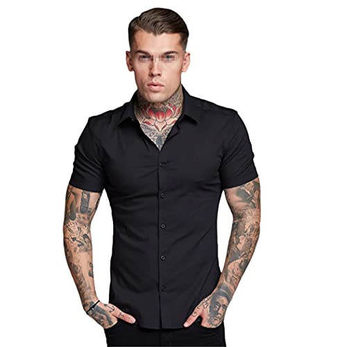 Chemise d'été homme à manches courtes col montant slim noir XXL