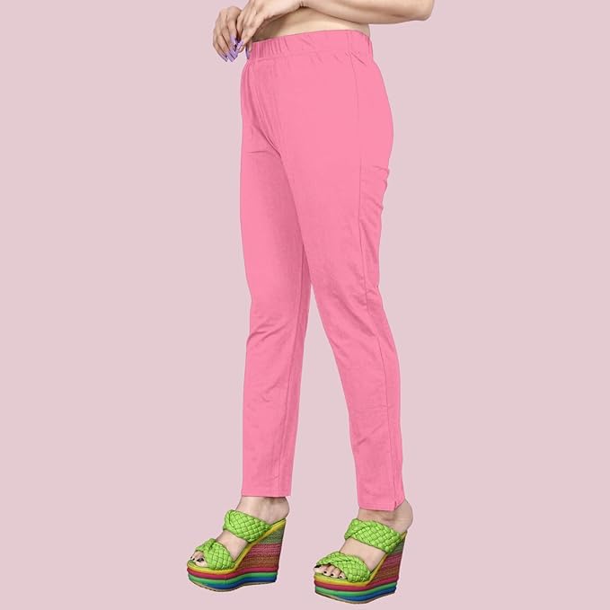 Image of Women's Solid Cotton Lycra Pants-High Waist Slim Fit Stretchable Leggings - Comfortable Long Trousers for Casual, Office & Everyday Wear