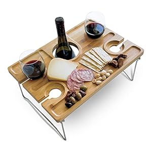 Comfort Theory Bamboo Wine Picnic Table | Collapsible Tray for Indoor & Outdoor Use | Perfect Wine Lover Gift | Folding…