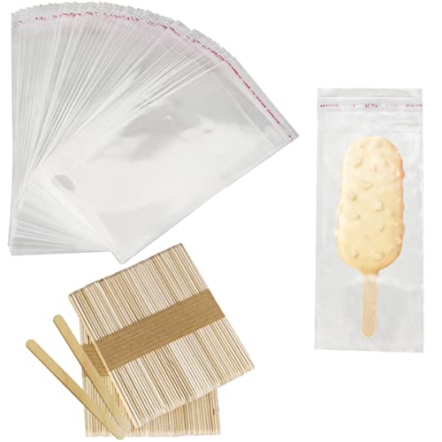 RONGKAI 300 Pieces Popsicle Sticks and Bags Set Popsicle Wrappers Self Seal Plastic Popsicle Bags Ice Cream Bags Wrapper with Popsicle Sticks Wooden