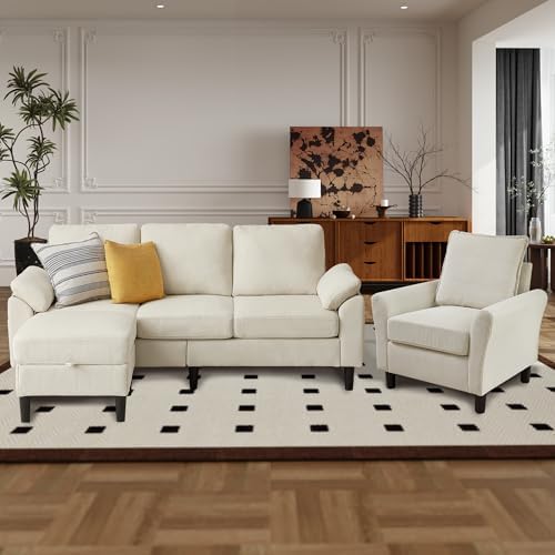 Corduroy L-Shaped Sectional Sofa Set with Storage Ottoman & Side ...