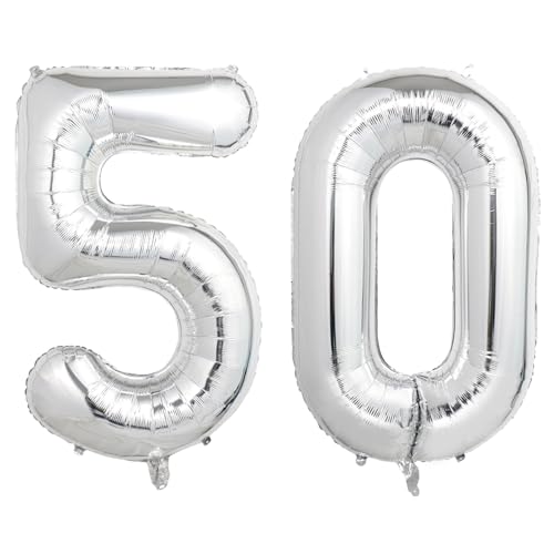 Image of Number Balloons Silver Party Balloon - Giant Number 50 Balloon, 40 Inch Large Balloon for 50th Birthday Decorations, Silver Party Supplies for Anniversary