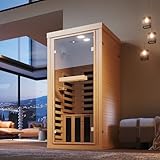 SunSwell 1-2 Person Far Infrared Wooden Sauna Room, Canadian Hemlock Indoor Dry Sauna Spa Room for Low EMF with Bluetooth Speakers and Control Panel, Whole Glass，32.28'x 32.28'x 66.14'