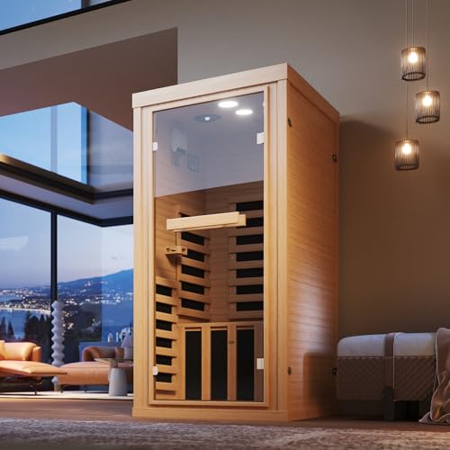 SunSwell 1-2 Person Far Infrared Wooden Sauna Room, Canadian Hemlock Indoor Dry Sauna Spa Room for Low EMF with Bluetooth Speakers and Control Panel, Whole Glass，32.28'x 32.28'x 66.14'