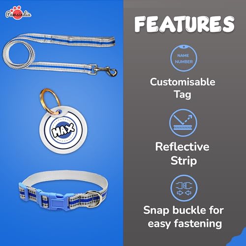 Image of Pawsindia Leash and Collar with Name Tag for Dogs, Reflective Blue 0.75 Inche Width Adjustable Collar and 4 Feet Heavy Duty Leash with Customize Nametag
