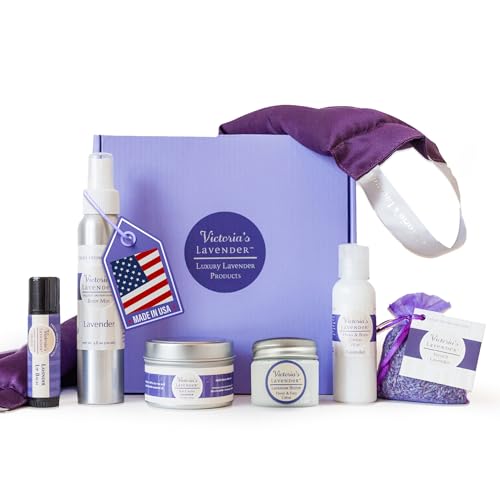 Victoria's Lavender Luxury Spa Gift Sets for Women - Neck Wrap, Body Mist, Body Lotion, Lip Balm, Soy Candle, Lavender Face Cream & Sachet, Made in USA Self Care Kit, Best Spa Kit for Women Gift Set