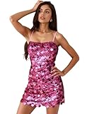 Zeflows Womens Sequin Square Neck Homecoming Dresses for Teens Sparkly Spaghetti Straps Backless Cocktail Mini Dresses, Hot Pink-L