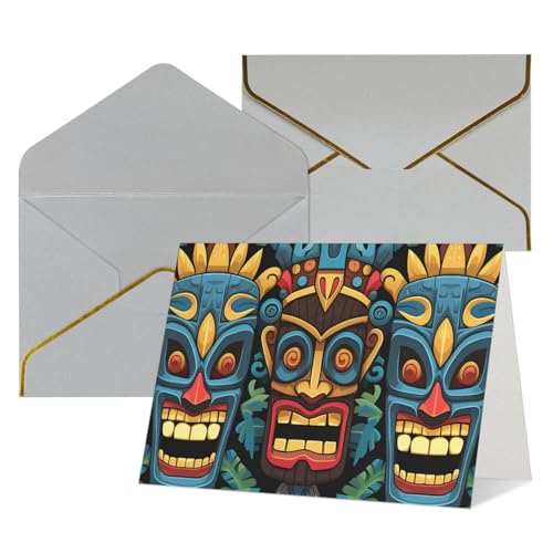 QMNSEHF 封筒付きブランクグリーティングカード Thank YouCard カラフルなティキマスクパターン Happy Birthdayカード レディース メンズ クリスマス ハロウィン ウェディング ブランク ノートカード あらゆる機会のグリーティ