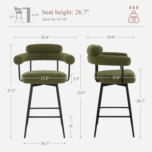 Butacos giratorios de altura para barra con respaldo completo, butacos tapizados en sherpa de 26 pulgadas, con reposapiés metálico, estilo moderno para isla de cocina o pub doméstico (verde, juego de 2) miniatura 2