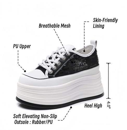 Women's Platform Sneakers - 4" Heel Lift, Candy Soft, Sequin Bling, Breathable Mesh for Light Sports & Casual Days4