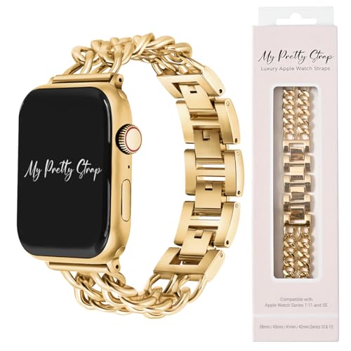 My Pretty Strap Double Chain Band Compatible with Apple WATCH SE Series 8 7 6 5 4 3 2 1 38/40/41mm or 42/44/45/49mm for Women (42MM / 44MM / 45MM / 49MM Gold)
