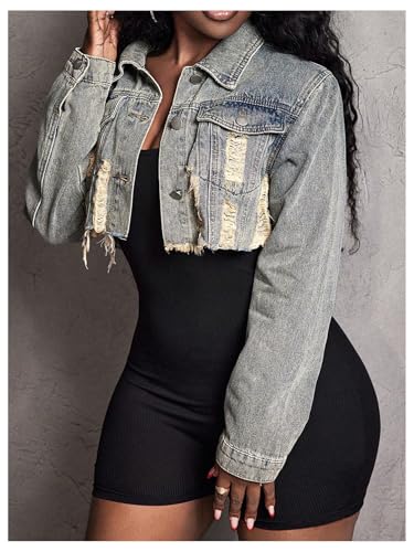 WDIRARA Women's Ripped Raw Hem Cropped Denim Jackets Button Down Long Sleeve Jean Jacket Outerwear4