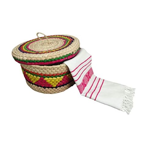 Pack of 1 Mexican Handmade Palm Basket and 1 Woven Napkin Cloth (servilleta Mexicana) 100% Cotton Eco Friendly Tortilla Warmer (tortillero) for Party, Fiesta Decoration Cover