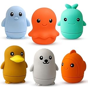 Ocean Friends Baby Bath Toys, Silicone Bath Toys for Babies 9 Months+, Toddler Bath Toys 1-3, Easy to Clean, Opens for Cleaning, 6-Piece Set