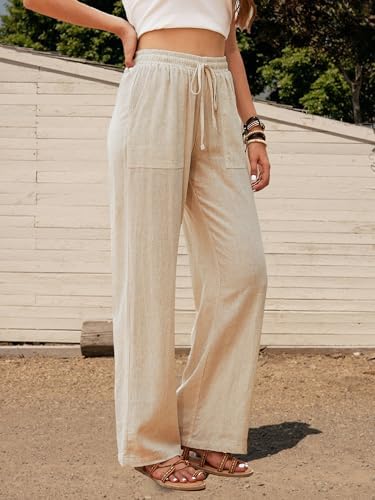Women Linen Pants Casual Loose High Waist Boho Wide Leg Cropped P...