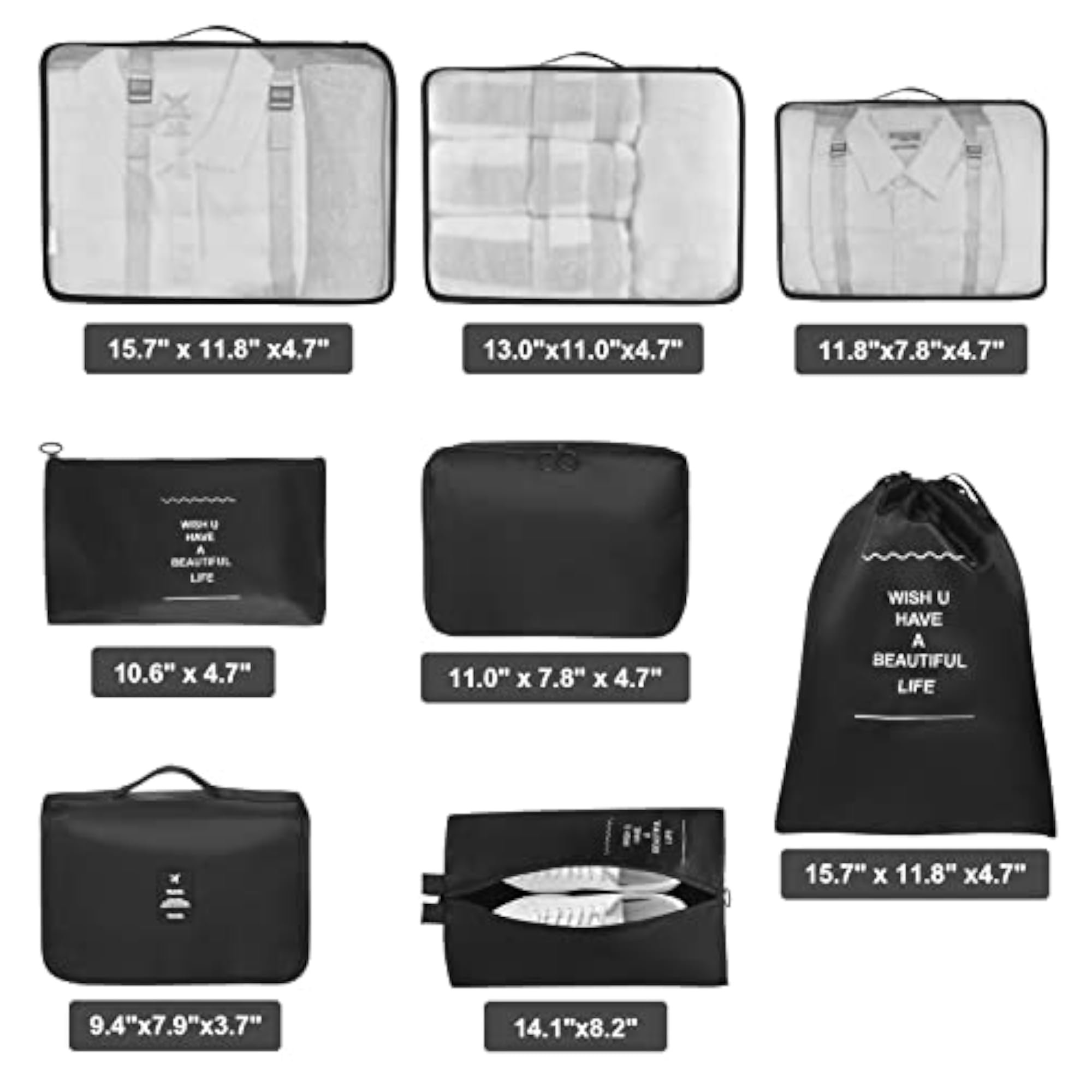 Black Nylon Packing Cubes Set with Toiletries Bag, 8 Pcs