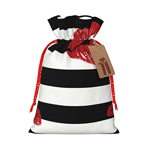 Sac cadeau de Noël élégant avec imprimé à rayures noires et blanches - Sac en polyester respectueux de l'environnement avec cordon de serrage