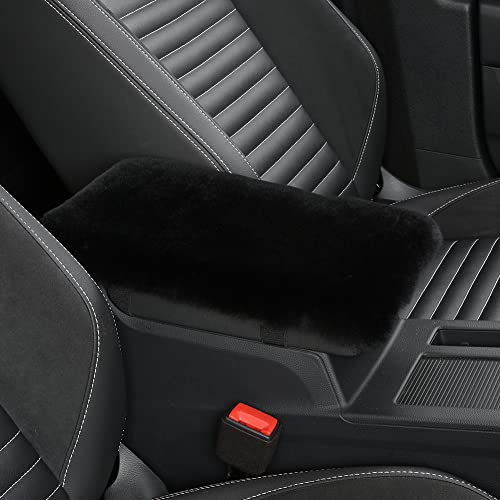 Image of IRIWOOL Sheepskin Armrest Cover Auto Center Armrest Cover Car Soft Console Pad, Fluffy Wool Auto Center Console Cover for Most Car Arm Rest Decoration Protector 7 x 13 Inch (Shearling, Black)