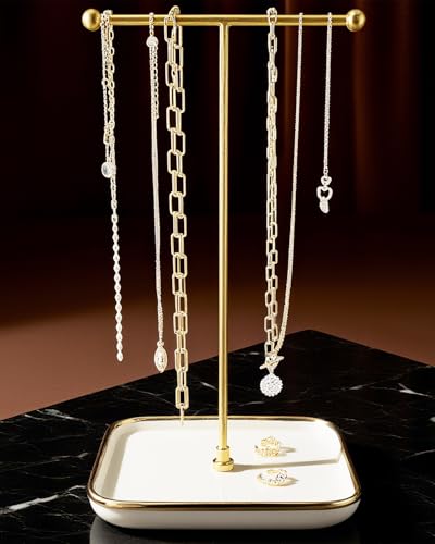 VROOMIUM Necklace Holder with Ceramic Base,1FT Height Stand,Sq.Wh-Gd