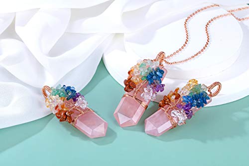 Top Plaza Natural Healing Crystal Gemstone Necklace Tree Of Life Wire Wrapped Rose Quartz Stone Point Pendant Necklaces Reiki Quartz Jewelry For Womens #TOP2