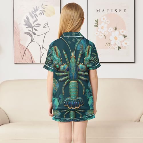 Satin Pajama Sets Short Sleeve Lobster Floral Teal Button Down Silky Nightwear 2 Piece PJS 5-14Y4