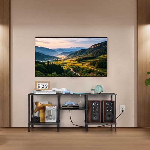 Image of OYEAL Bedroom TV Stand with Power Outlets up to 50 inch TV, Small Entertainment Center Stand with Storage Modern Media TV Console Table for Living Room Bedroom, Dark Grey